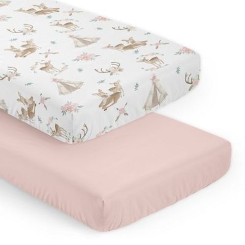 Sweet Jojo Designs Girl Fitted Crib Sheets Set Deer Floral Pink Taupe And White 2pc