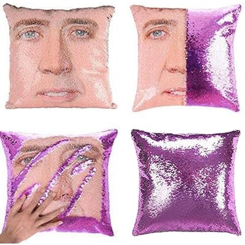 Nicolas Cage Pillow Covers Sequin Pillow Cases Funny Gag Gifts Reversible Sequin Pillow Cover Decorative Throw Cushion Case 16 x 16 Inches (Purple)