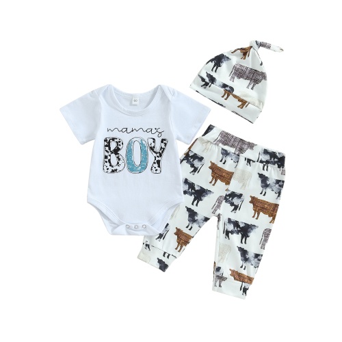 Western Newborn Baby Boys Cowboy Outfits Cow Print Letter Bodysuit+Long Leggings+Cap 3pcs Infant Boy Country Clothes Summer Clothes