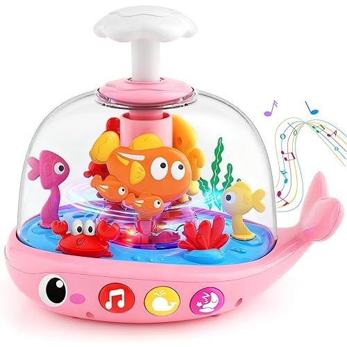 DUPHLAGT Baby Girl Toys 6-12 Months - Press & Spin Aquarium Light Up Musical Toy for Infant Toy 9-12-18 Months - Bilingual Learning Toddler Toys for 1 2 3 Year Old Boy Girl (Pink)