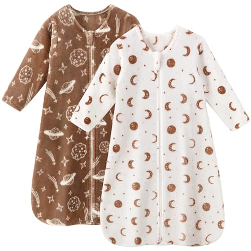 Unnivoll Fleece Baby Sleep Sack 6-12 Months Long Sleeve 2.0 Tog Baby Wearable Blanket with 2-Way Zipper Warm Sleeping Sack for Toddler Infant Newborn - Medium White Brown Moon