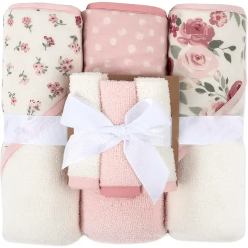 Hooded Baby Bath Towel and Washcloth 6 Piece Set for Newborns, Infants & Toddlers, Boys & Girls Baby Hooded Towels Set (Roses & Blossoms)