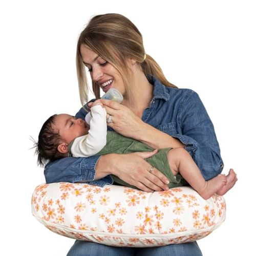 Boppy Nursing Pillow - Firm, Ergonomic U-Shaped Bottle and Breastfeeding Pillow with High Lift for Comfort and Support, Spacious Surface - Soft Pink Daisies