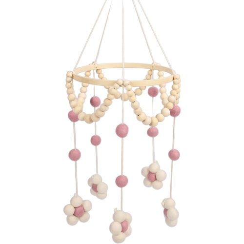 Handmade Wooden Baby Mobile Bed with Felt Balls Cotton Flowers Daisy Pattern, Safe Nursery Decor for Newborns Extra Large Size Ideal for Boys Girls (Pink)