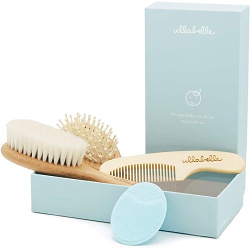 4-Piece Wooden Baby Hair Brush & Comb Set | Soft Goat Hair Bristles | Gentle Scalp Massage | Ideal for Newborns & Toddlers | Premium Gift Box Included (Blue)