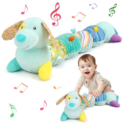 Baby Tummy Time Musical Stuffed Animal Plush Dog Toys for Infant 0-3-6 Months Newborn Baby Sensory Toy with Crinkle Rattle for 6-12 Month Old Boys Girls Christmas Birthday Shower Gifts