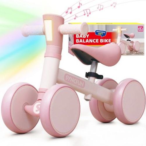 Joyfy Pink Baby Balance Bike with LED Light and Music for Boys Girls Aged 1 2 3, 4 Wheels Baby First Bike Adjustable Baby Walker Bike Gift for Kids