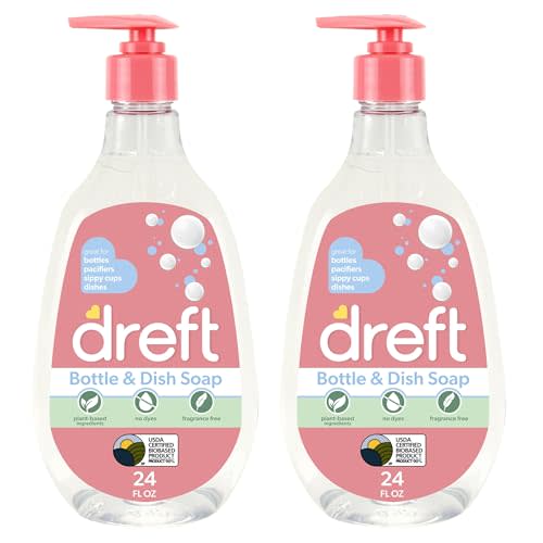Dreft Baby, Bottle and Dish Soap, Removes Milk Film & Odor, Plant Based, Fragrance Free, Travel Size Bottles, 24 Fl Oz (Pack of 2)