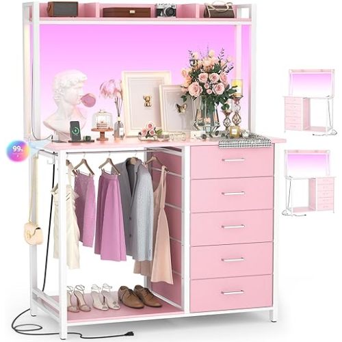 Cyclysio Dresser for Bedroom with Hutch & Clothes Rack, 70'' Tall 5 Drawers Dresser with Shelves, Pink Dressers Closet with Charging Station & LED Lights, Bedroom, Pink