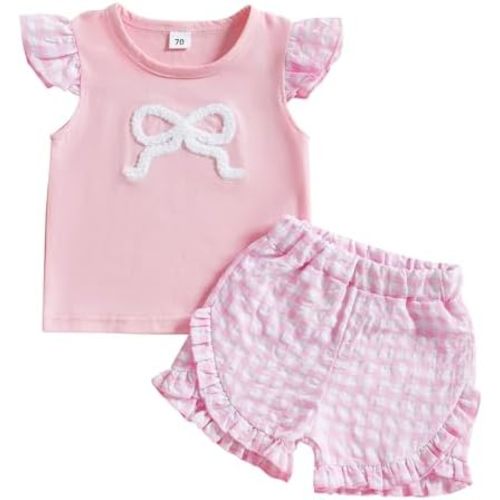 Baby Girl Summer Clothes Toddler Girl Summer Outfits Bow Short Sleeve Tops Plaid Shorts Set Little Girls Clothes