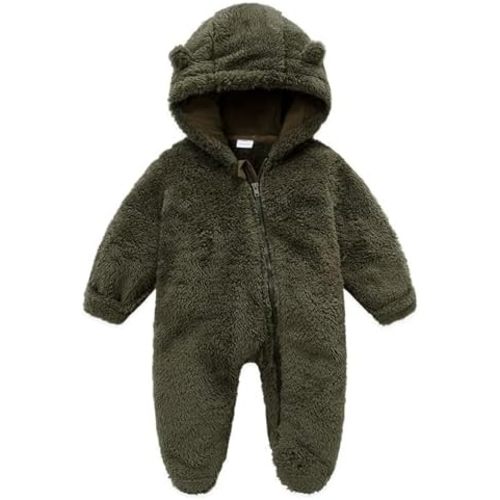 Emmababy Baby Boy Girl Winter Fuzzy Jumpsuit Infant Bear Ear Snowsuit Long Sleeve Footed Zipper Hoodie Romper Kid Warm Coat