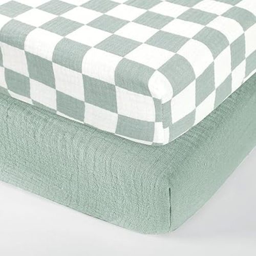 DILIMI Muslin Crib Sheets for Baby Boys and Girls, 2 Packs Ultra-Soft Breathable Baby Crib Sheet for Standard Crib and Toddler Mattress, Green and Checkered