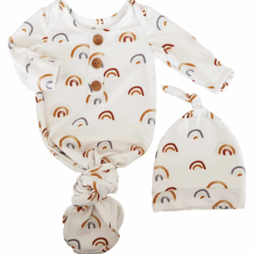 Earthy Rainbow Newborn Baby Knot Gown & Hat