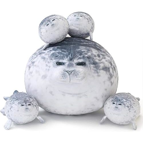 SQEQE Chubby Seal Pillow Plush with 4 Baby Seal Plushies in Her Tummy, Stuffed Cotton Plush Animal Toy Gift for Kids