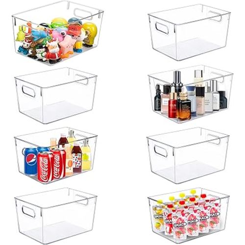 Set of 8 pack Clear Plastic Storage Bins, Pantry Organization and Storage, Clear Organizing Bins for Kitchen Organization, Freeze Storage, Home Edit and Cabinet Organizers (8Large)