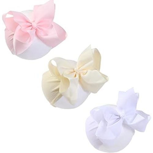 3 Pcs Baby Girls Headband Bows, Soft Nylon Hairbands Cute Big Bow Super Elastic Headband For Baby Girls Newborn Infant Toddlers (Beige Pink White, Large)