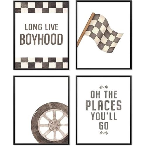 Locomiss Boys Race Car Room Wall Decor, Toddler Nursery Boy Race Cars Art Themed Checkered Play Room Wall Decor Posters For Boys, Toddler Bedroom Playroom Essentials, Set of 4(8x10 Unframed)