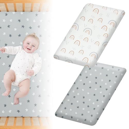 Baby Crib Sheets, 2Pcs Baby Fitted Sheets for Mini Crib Mattress, BabySheets for Bassinet, Fitted and Soft Breathable Microfiber Mattress Sheet for Girls and Boys, 47x24 Inch (Grey + White)