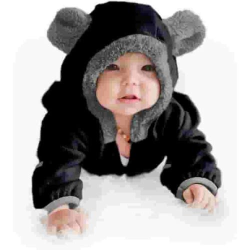 Cuddle Club One Piece Romper Hooded Fleece Onesie Jumper for Baby, Black Bear 0-3 Mos