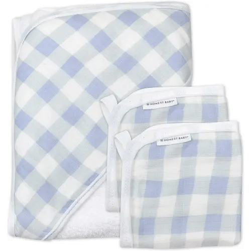 HonestBaby 3-Piece Organic Cotton Hooded Towel & Washcloth Set, Blue Painted Buffalo Check, One Size