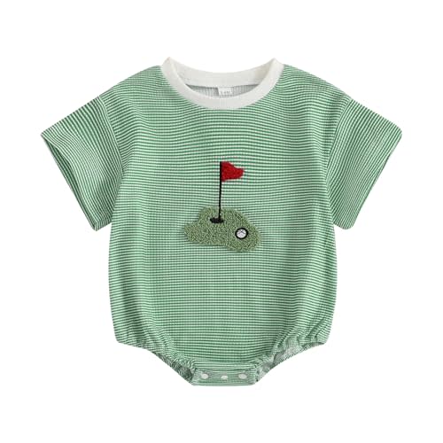 Fuethsuy Newborn Baby Boy Girl Golf Outfit Embroidery Striped Romper Jumpsuit Short Sleeve Bubble Bodysuit Summer Clothes