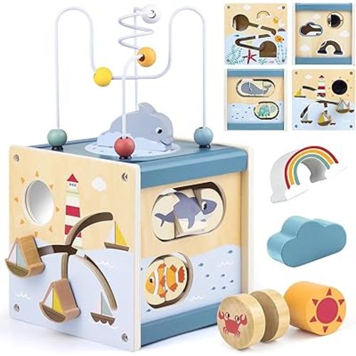 Wooden Activity Cube Montessori Toys for 1 Year Old Toddlers 12 Months + Toddler Learning Toys 1-3 Boys Girls Baby Sensory Interactive Birthday Gift