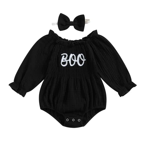SAYOO Baby Girl Halloween Christmas Romper Cotton Linen Pumpkin Smocked Bubble Romper Bodysuit Off Shoulder Jumpsuit Outfit