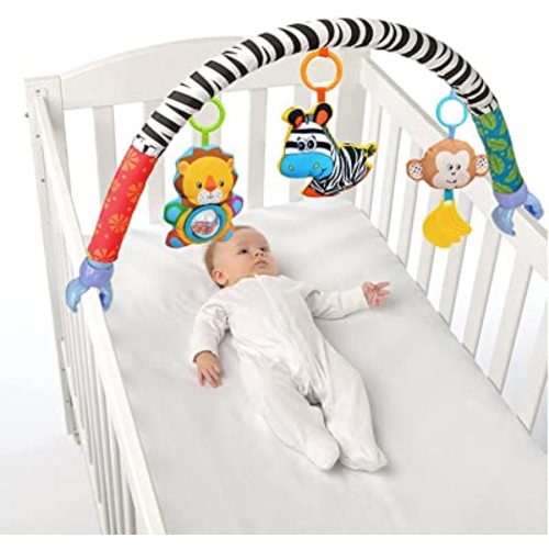 Baby Travel Play Arch Stroller/Crib Accessory,Cloth Animmal Toy and Pram Activity Bar with Rattle/Squeak/Teethers(Stripe)