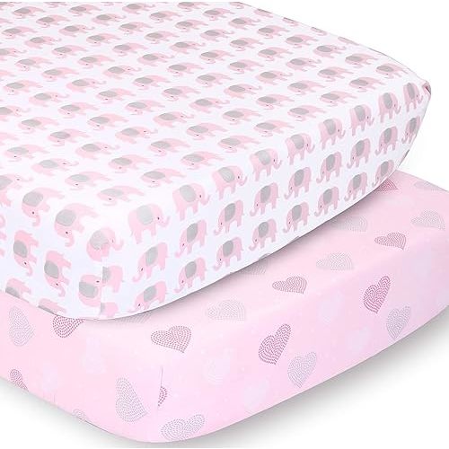 The Peanutshell 2-Pack Fitted Crib Sheet Set - Super Soft & Breathable Baby Girl Crib Sheets, Nursery Decor, Fit for Standard Mattress Cover- Pink Elephants