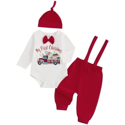 FYBITBO My First Christmas Baby Boy Girl Outfits Newborn Infant Letter Romper Shirt Pants Hat 1St Christmas Clothes Set