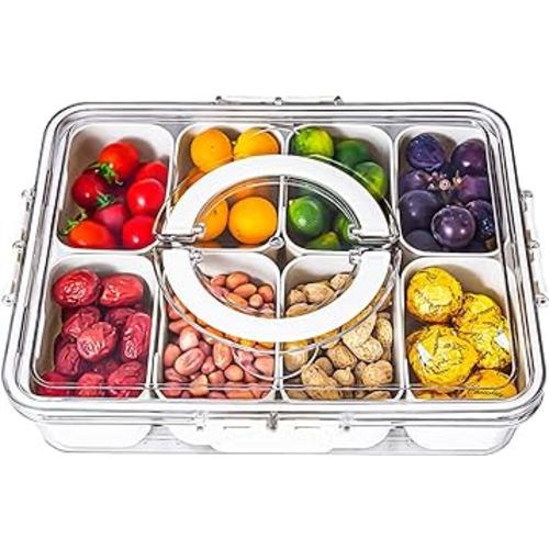 Divided Serving Tray with Lid and Handle - Snackle Box Charcuterie Container for Portable Snack Platters - Clear Organizer for Candy, Fruits, Nuts, Snacks - Perfect for Party, Entertaining