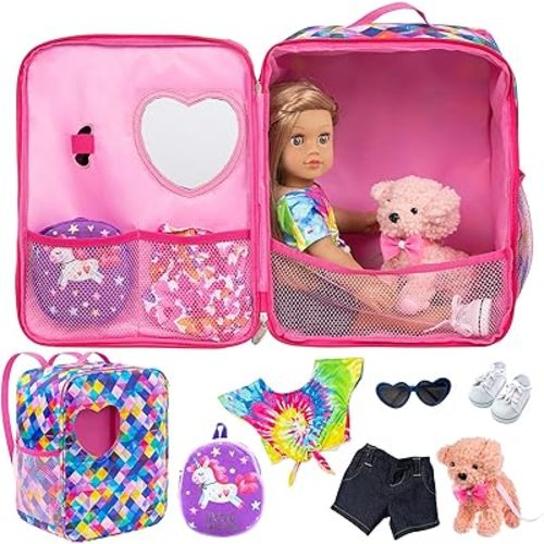 Ecore Fun 5 Items 18 inch Dolls Bag Set and Accessories Including 18 Inch Doll Clothes, Shoes, Sunglasses, Doll Backpack and Toy Dog