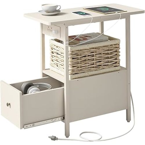 LIDYUK End Table with Charging Station, Narrow Side Table with Drawer and USB Ports & Power Outlets, Nightstand Bedside Tables for Small Spaces, Bedroom, Living Room, White