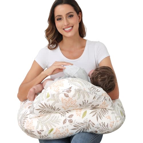 Nursing Pillow for Breastfeeding, Breastfeeding Essentials for Newborn, More Support for Mom and Baby, with Adjustable Waist Strap and Removable Cotton Cover (Big Leaves)