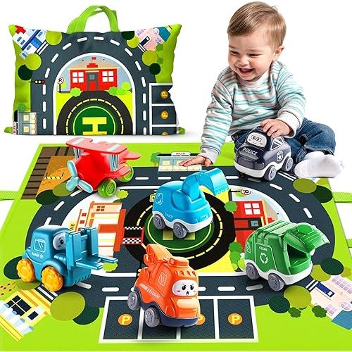 ALASOU Baby Cartoon Car Toys with Playmat/Storage Bag|1st Birthday Gifts for Toddler Age 1-2|Baby Toys for 1 2 3 Year Old Boy|1 2 Year Old Boy Gift for Infant 12-18 Month