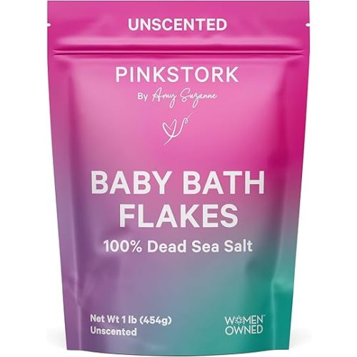 Pink Stork Baby Bath Flakes, Calming Fragrance Free Magnesium Bath Salts for Infants and Toddlers to Help Soothe Diaper Rash, Irritation, and Support Restful Sleep Without Melatonin - 16 oz
