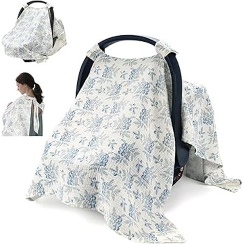 SERAPHY 2-in-1 Muslin Baby Car Seat Cover & Nursing Cover, Soft Lightweight Breastfeeding Cover for Boys and Girls,Breathable Canopy for Infant Carseat & Stroller for Summer—Blueberrie