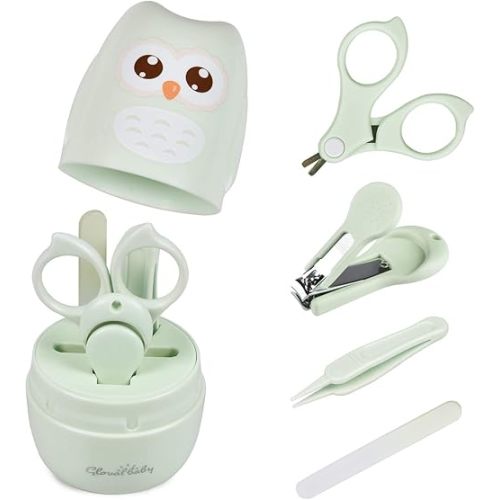 Baby Nail Kit, Baby Manicure Kit and Pedicure kit with Cute Owl Shape Case. Baby Nail Clipper, Scissor, Baby Nail File & Tweezer for Newborn, Infant & Toddler, Mothers Day Gifts(Green)