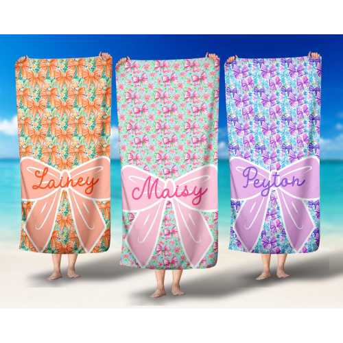 Girls Personalized Bow Floral Beach Towel, Preppy Girls Pool Towel with Name