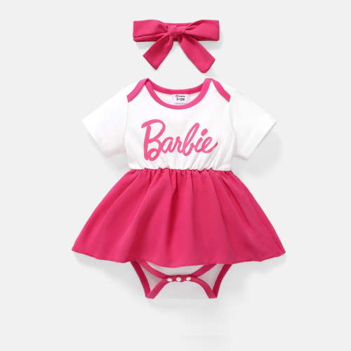 Barbie Baby Girls Romper Crewneck Letter Print Short Sleeves Onesies with Headband Sizes 0-3M