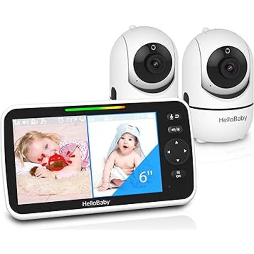 HelloBaby Baby Monitor with Audio, 6'' World First IPS Split-Screen Baby Monitor, 2 Cameras Pan-Tilt-Zoom Video, No WiFi, ECO, 30H Battery, 2-Way Talk, Night Vision, 8 Lullabies, 1000ft