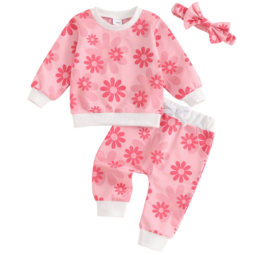 Infant Baby Girls Outfits Set Flower Print Long Sleeve Sweatshirt Sweatpants Headband Fall Clothes