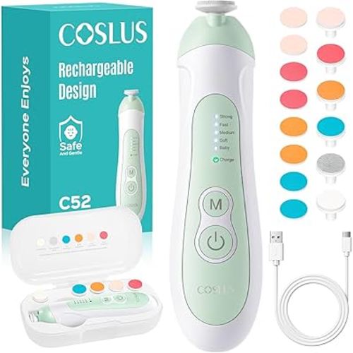 COSLUS Rechargeable Baby Nail File: Cordless Baby Nail Trimmer Electric with 5 Speeds & 6 Grinding Heads for Baby Kid, CPC Certified and Quiet Design - Safe for Sleep Trim Buffer, C52, Green