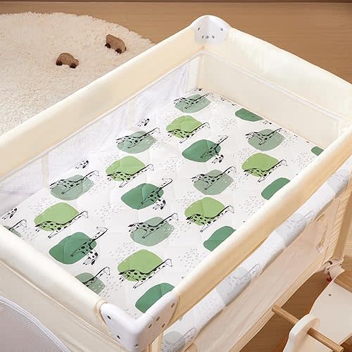TILLYOU Pack and Play Sheet - Soft Quilted Crib Cover Pad, Toddlers Mattress Protector with 1''-3'' Deep Pocket, Thick Play Yard Playpen Sheets, Crib Mattress Pad, 39"x27", Green Giraffes