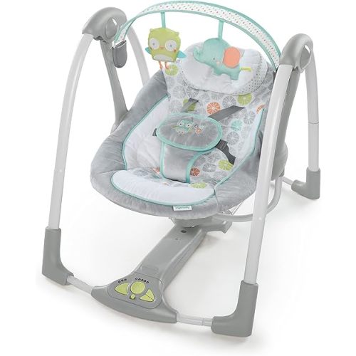 Ingenuity Swing 'n Go 5-Speed Baby Swing - Foldable, Portable, 2 Plush Toys & Sounds, 0-9 Months 6-20 lbs (Hugs & Hoots)