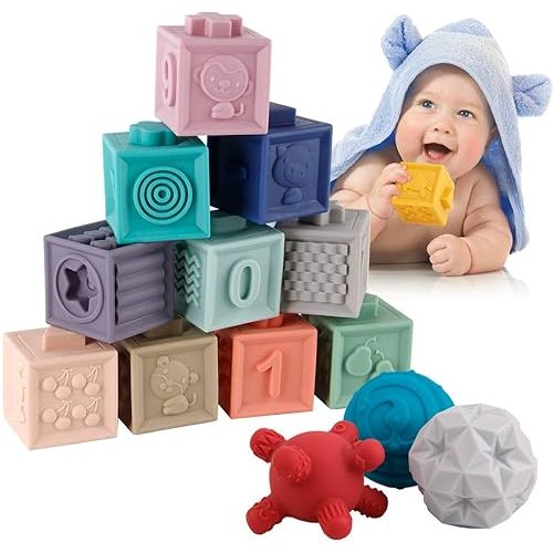 BOBXIN 15 PCS Baby Blocks Toys Soft Stacking Blocks Baby Sensory Ball Teether Infant Bath Toys Squeeze Play with Numbers Shapes Animals Fruit and Textures Toy for Babies Toddlers 6 Months