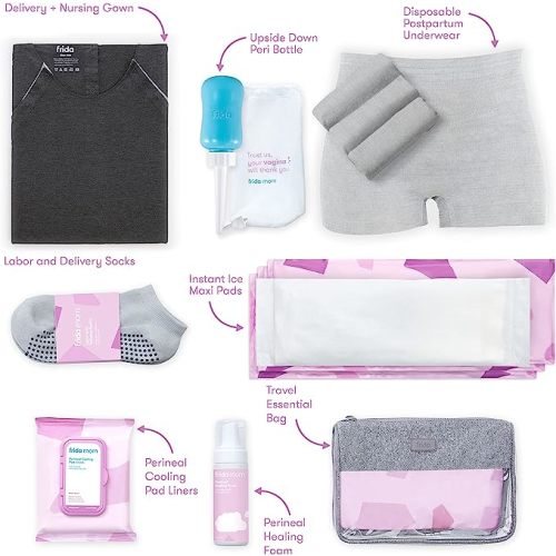 Frida Mom Hospital Packing Kit for Labor, Delivery, & Postpartum | Nursing Gown, Socks, Peri Bottle, Disposable Underwear, Ice Maxi Pads, Pad Liners, Perineal Foam, Toiletry Bag, 15 Piece Set