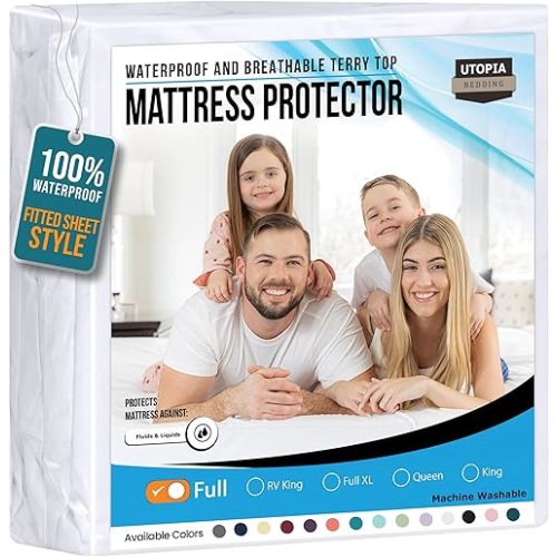 Utopia Bedding Waterproof Mattress Protector Full Size, Premium 200 GSM Terry Mattress Cover, Soft & Breathable Bed Cover, Fitted Sheet Style with Stretchable Deep Pockets 15" (White)