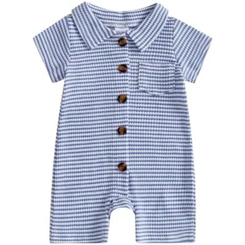 Summer Newborn Baby Boy Clothes Striped Print Button Down Romper Bodysuit Short Sleeve One Piece Jumpsuit Outfit