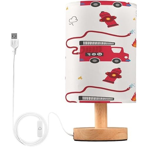 Firefighter Fire Truck Table Lamp for Bedroom Bedside Lamp Desk Lamps Cylinder Nightstand Lamp for Living Room Office Decor